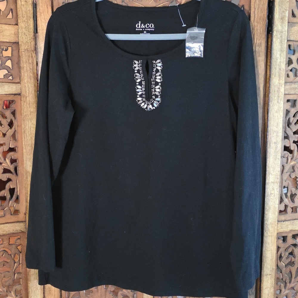 Denim&Co Black Long Sleeve Blouse with Embellished Neckline